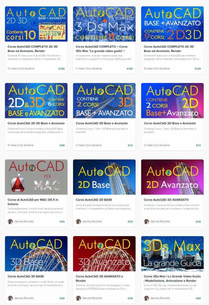 elenco corsi di autocad online in vendita su prismacad